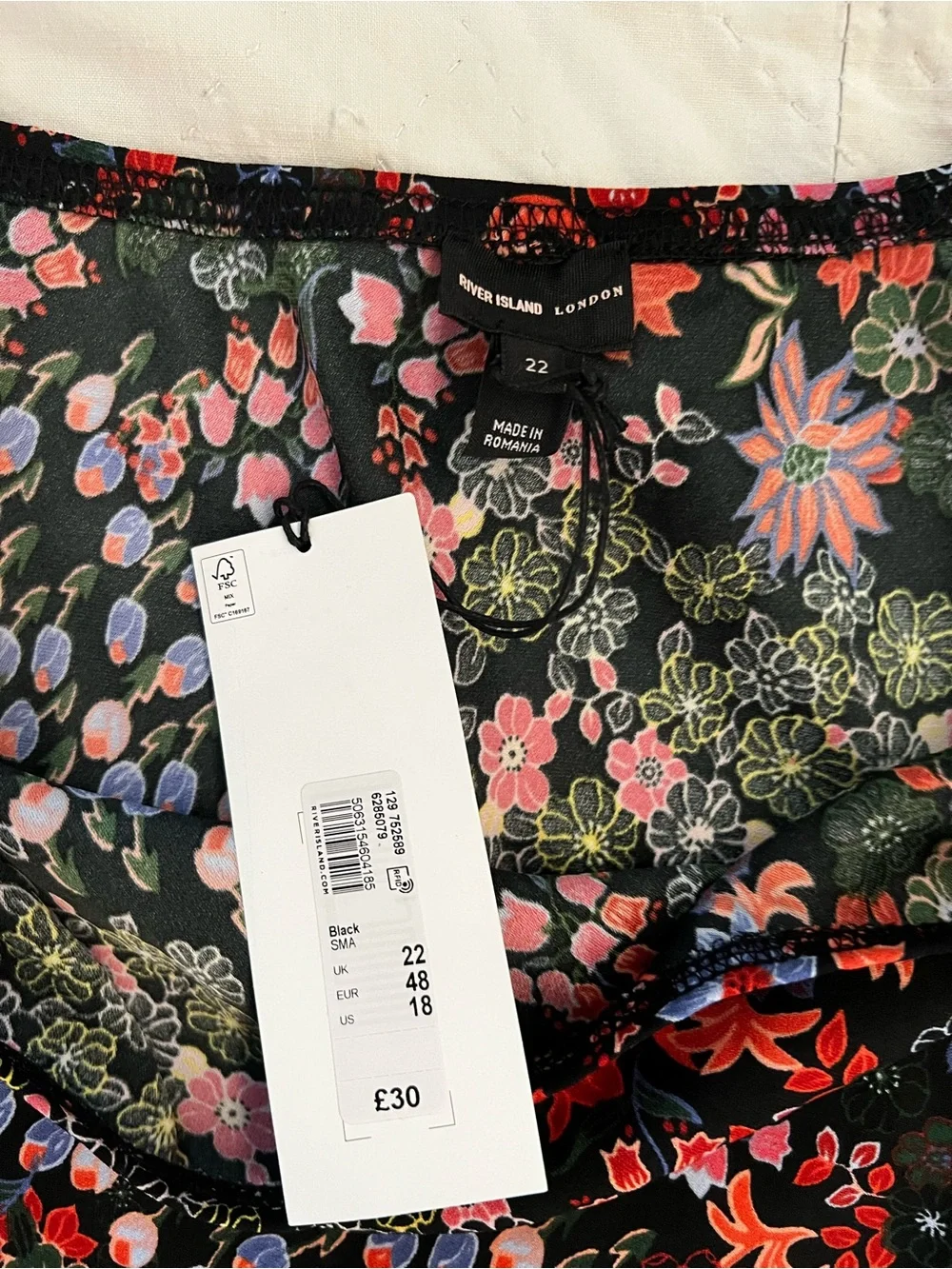 River Island Black Floral Midi Skirt with Red & Blue Accents